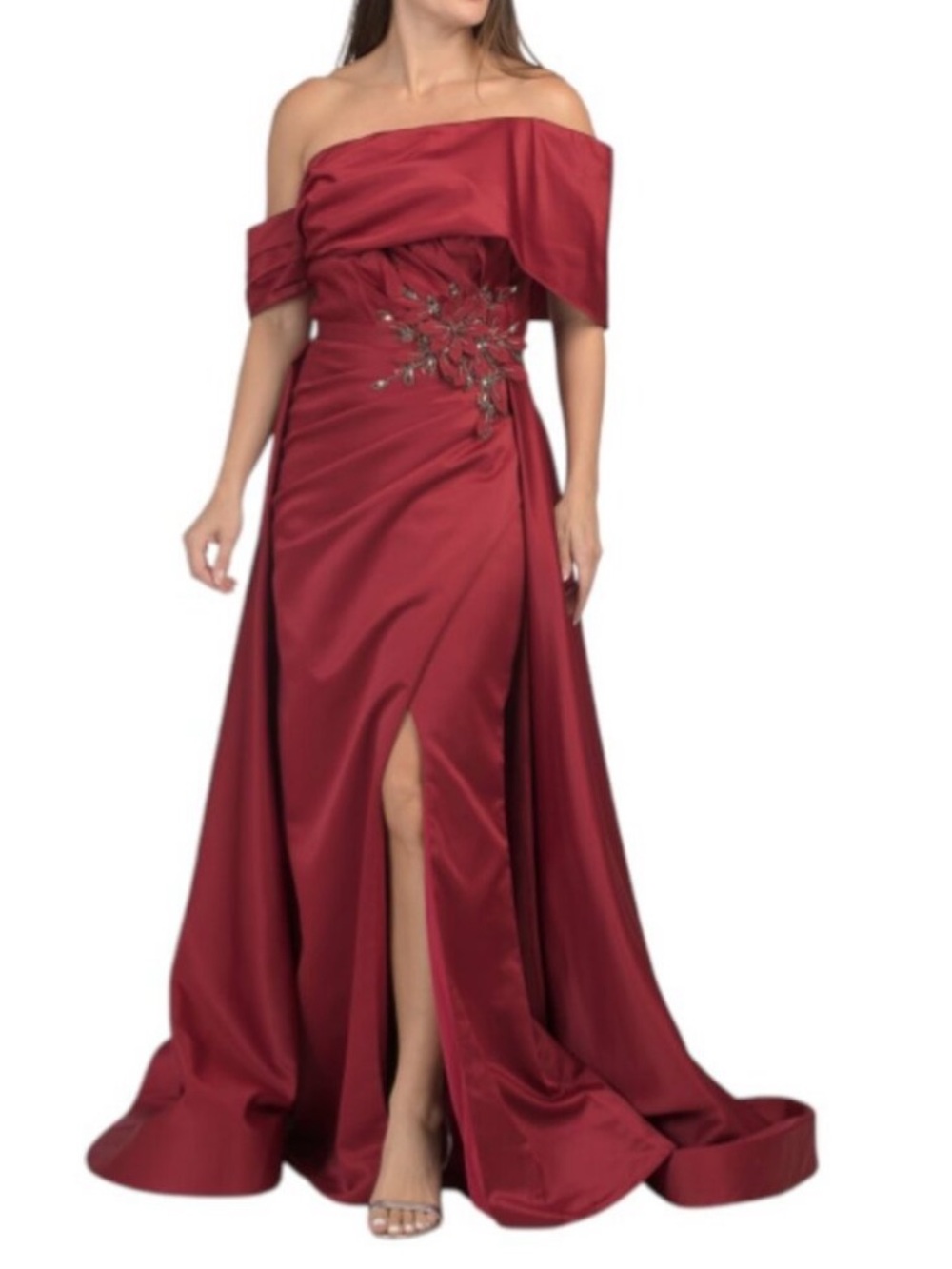 TERANI COUTURE Off The Shoulder Floral Sequin And Bead Applique Gown